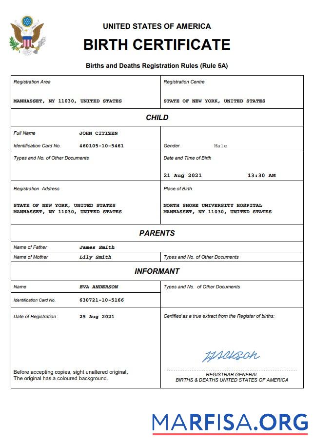 Printable USA birth certificate Word and PDF template